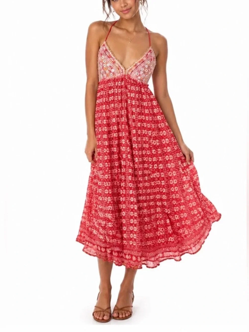 FREE PEOPLE Red White Beaded Embroidered Mirror Strappy Good Vibes Midi Maxi L